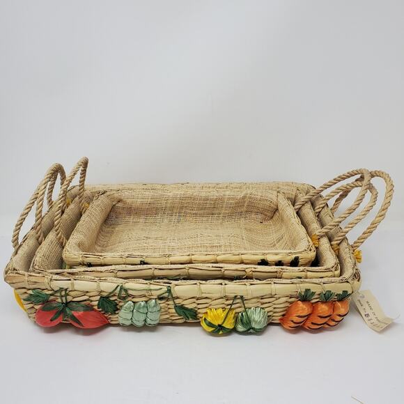 Vintage straw basket lot of 3 nesting baskets  with 3D veggie details Jute - Picture 3 of 6